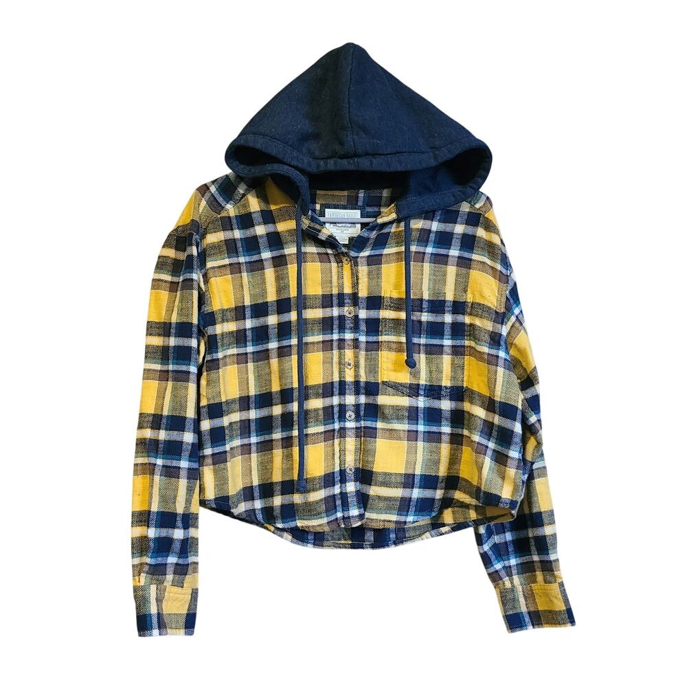 American Eagle Cozy Cabin‎ Crop Hooded Flannel Shirt Womens S Yellow Blue Plaid